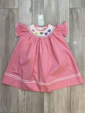 NWT Lil Cactus Pink Cotton Candy Hearts Embroidered Smocked Bishop Dress girl 3T